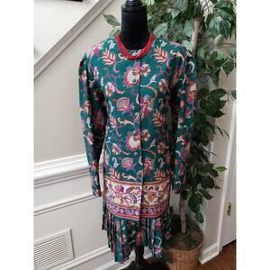 Vintage Kristy Michaels Knee Length Dress 12 Green Floral Button Front Zip back